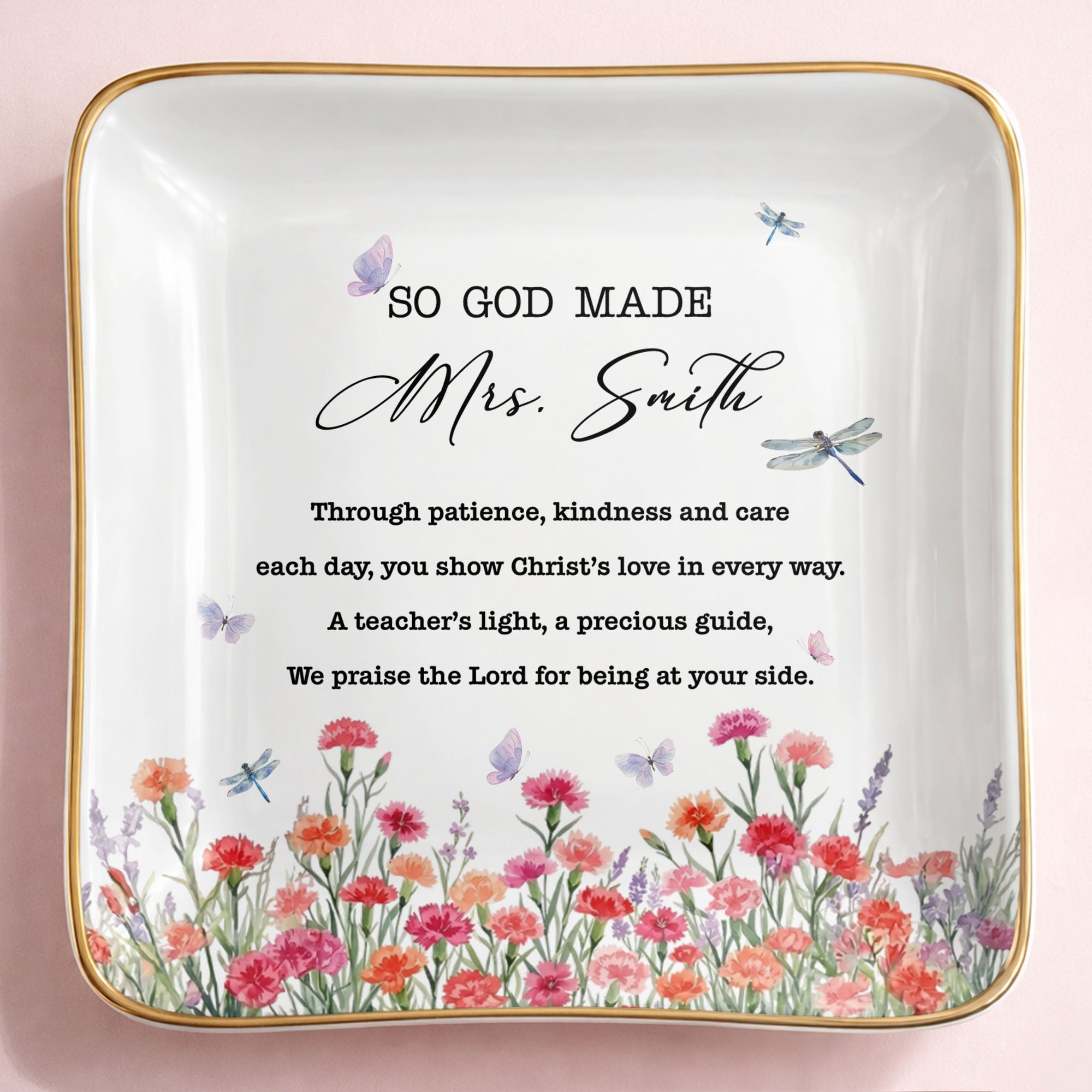 So God Made My Teacher Religious Verse With Birth Month Flowers - Personalized Custom Jewelry Dish, Ceramic Dish, Square Shape - TEACH232_SCRF