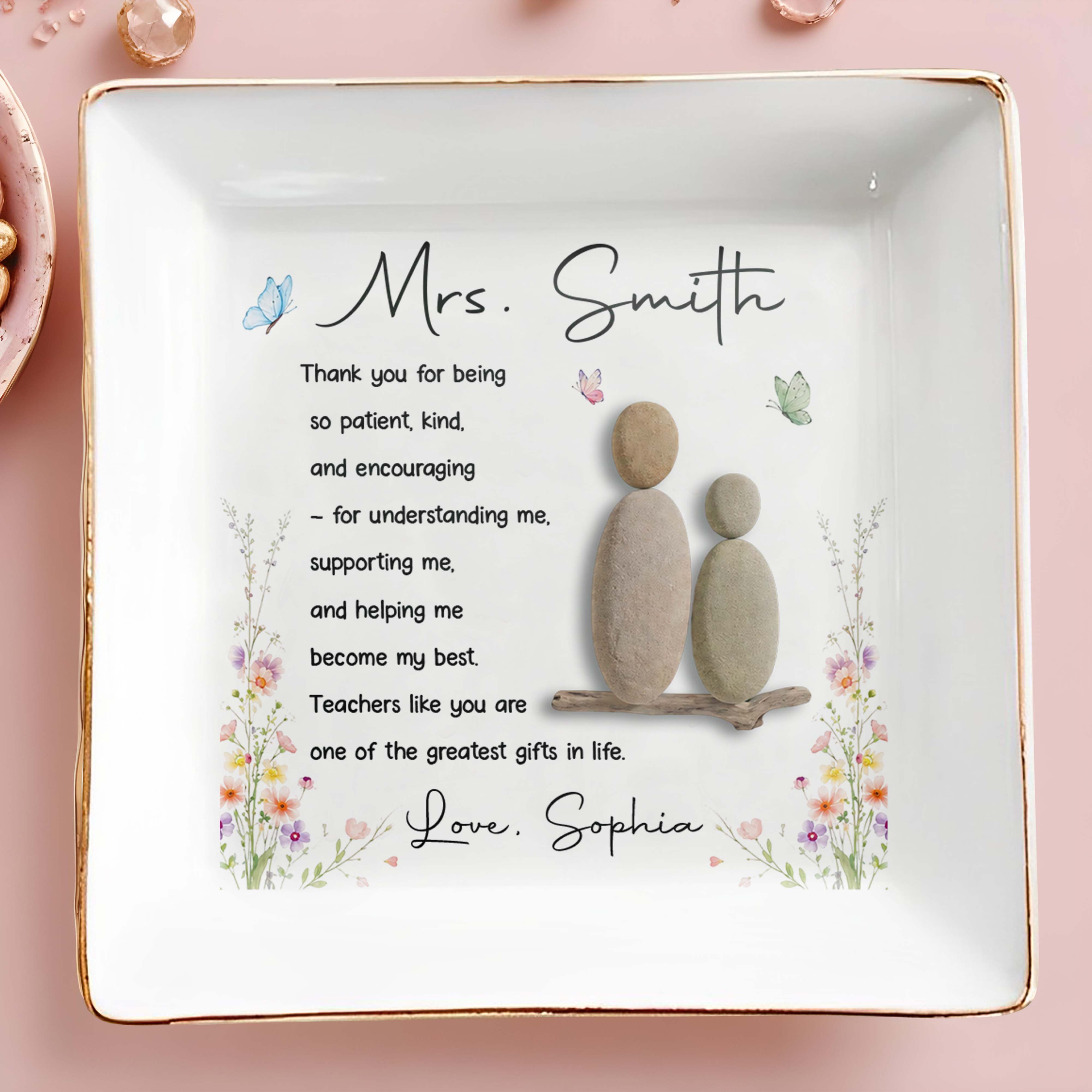 Thank You For Being Patient And Kind Pebble Art Flowers - Personalized Custom Jewelry Dish, Square Ceramic Dish - TEACH323_SCRD
