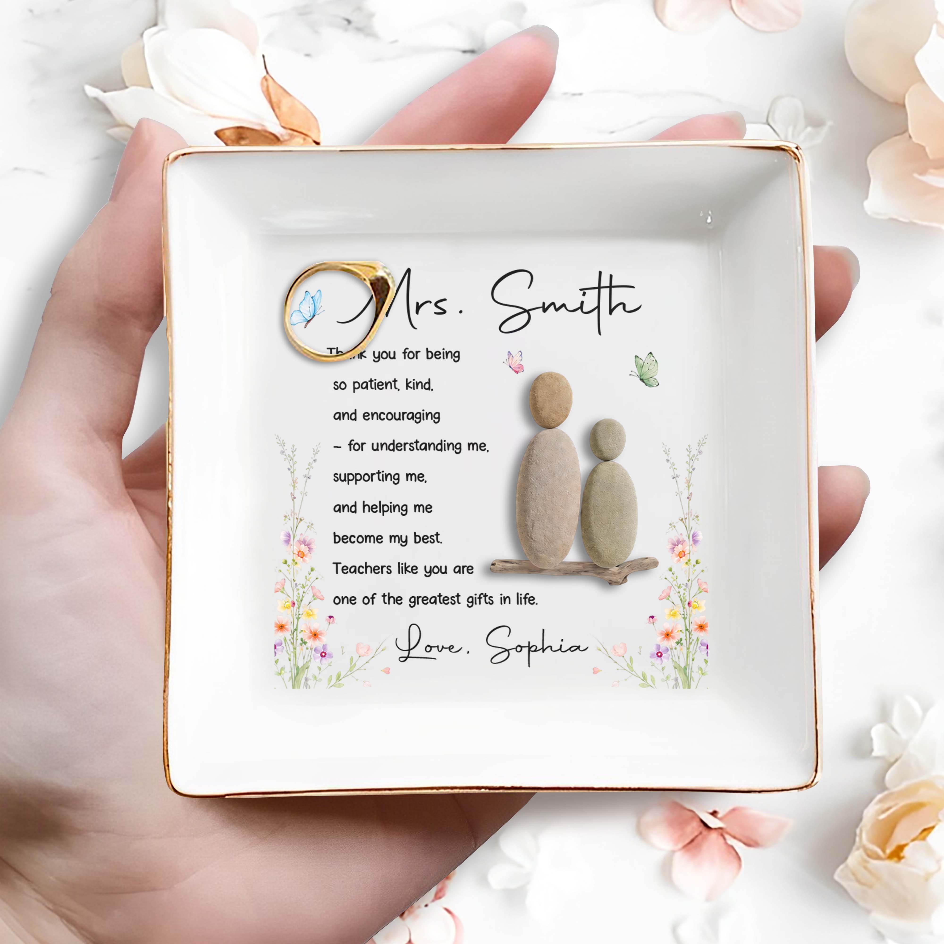 Thank You For Being Patient And Kind Pebble Art Flowers - Personalized Custom Jewelry Dish, Square Ceramic Dish - TEACH323_SCRD