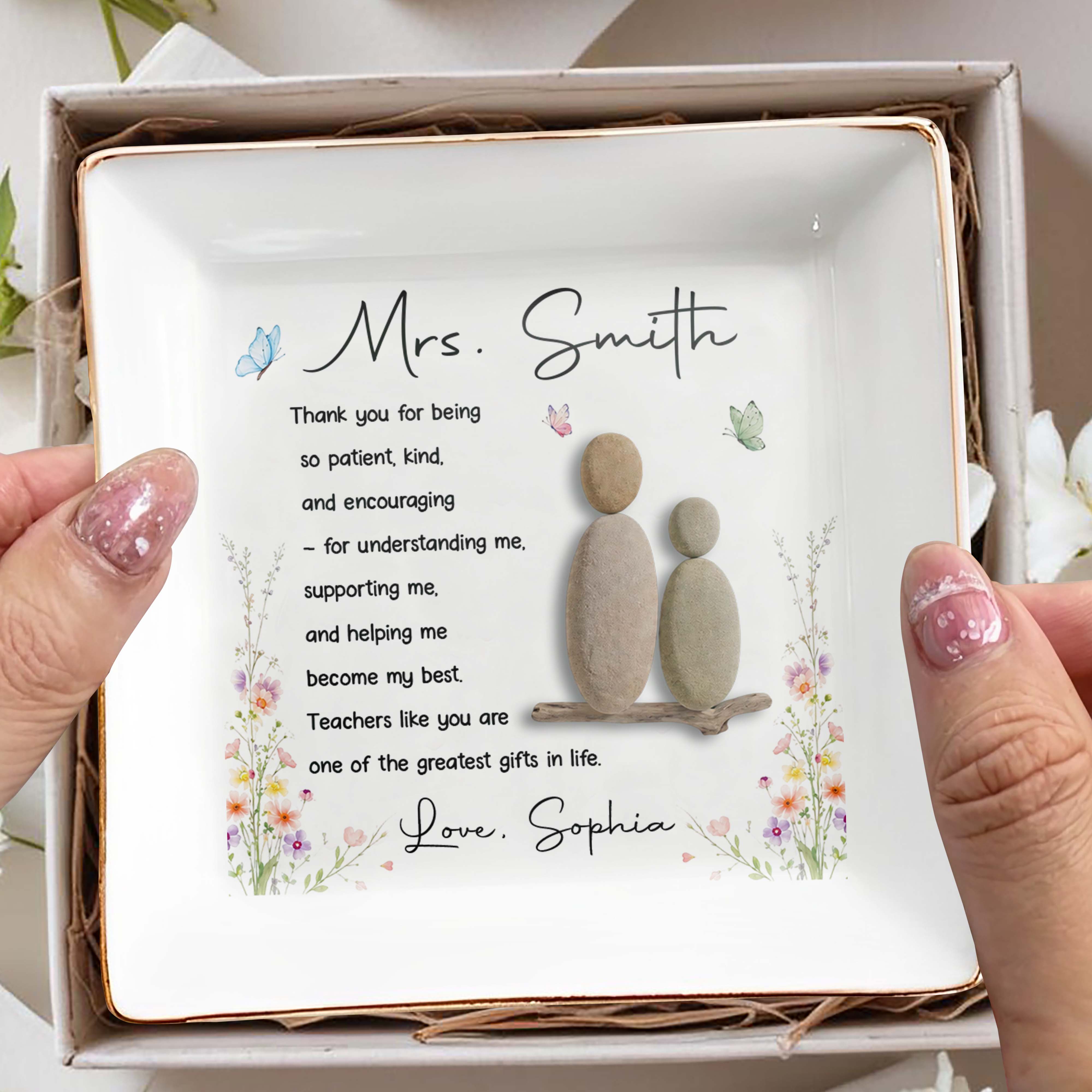 Thank You For Being Patient And Kind Pebble Art Flowers - Personalized Custom Jewelry Dish, Square Ceramic Dish - TEACH323_SCRD