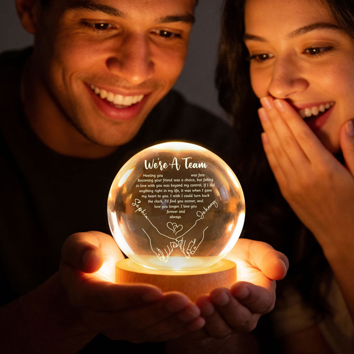 Couple Hands Interlocked We're a Team - Personalized Crystal Ball LED Night Light