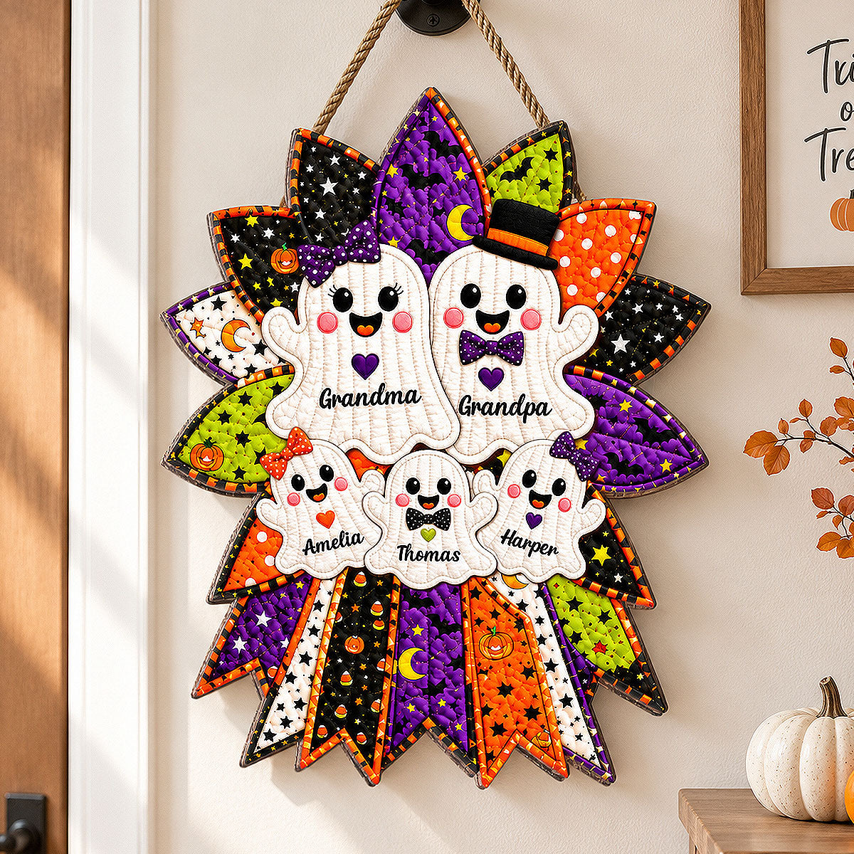 Quilted Effect Wreath Ghost Family Personalized Wooden Sign