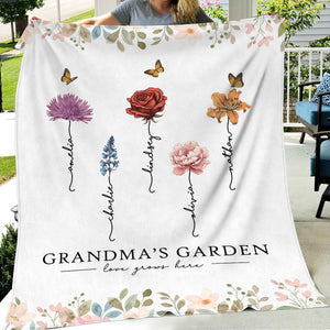 Grandma's Garden Love Grows Here birth month flower personalized fleece blanket