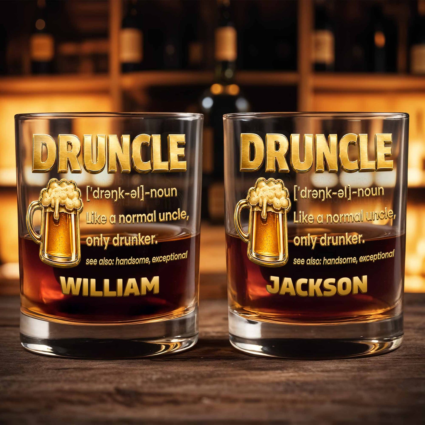 Drunkle Like A Normal Uncle Only Drunker With 3D Golden Beer Mug Design - Personalized Custom Whiskey Glass - UNC011_RWG