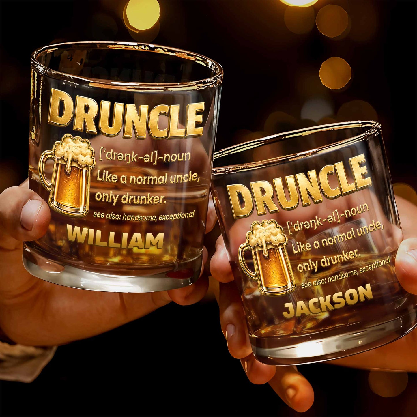 Drunkle Like A Normal Uncle Only Drunker With 3D Golden Beer Mug Design - Personalized Custom Whiskey Glass - UNC011_RWG