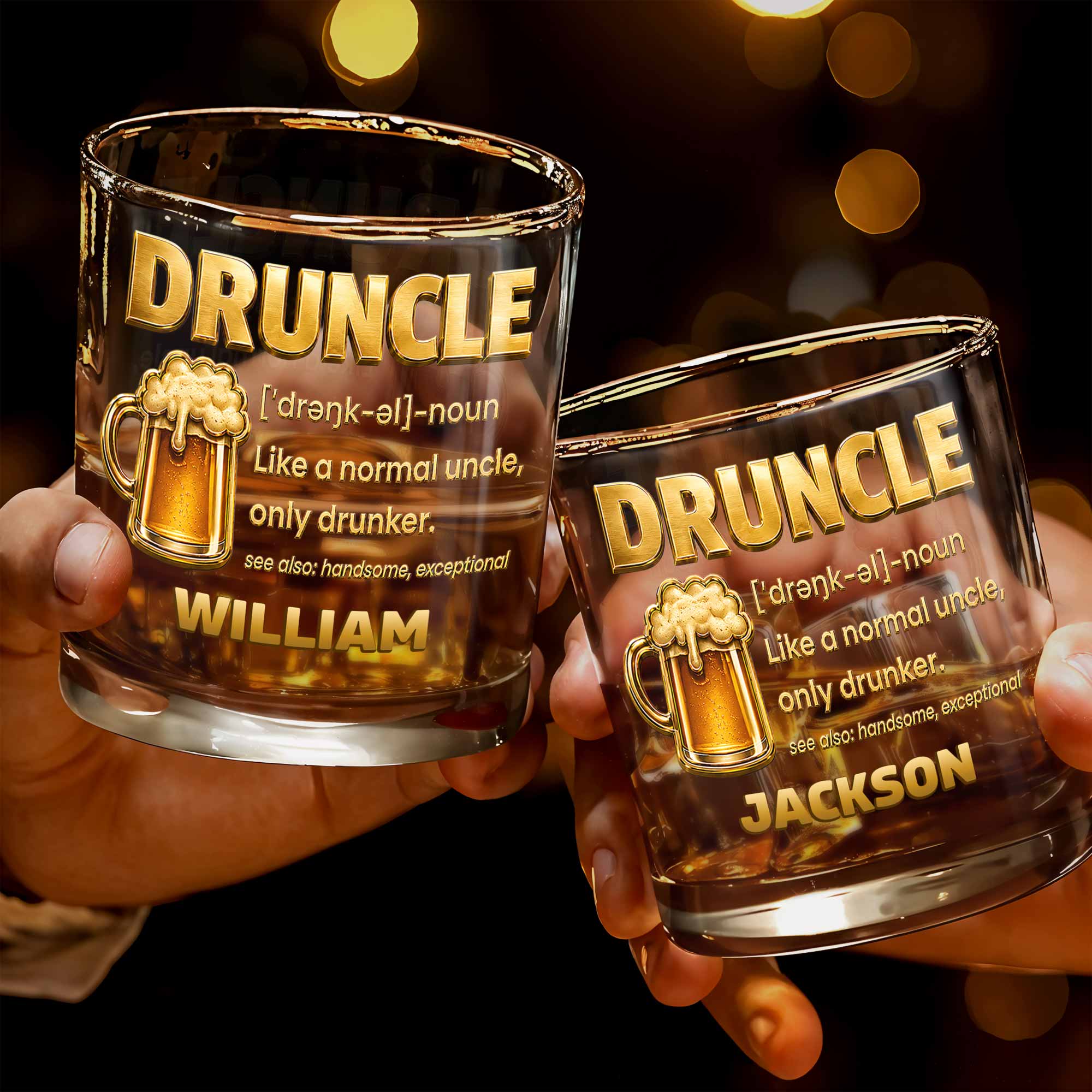 Drunkle Like A Normal Uncle Only Drunker With 3D Golden Beer Mug Design - Personalized Custom Whiskey Glass - UNC011_RWG