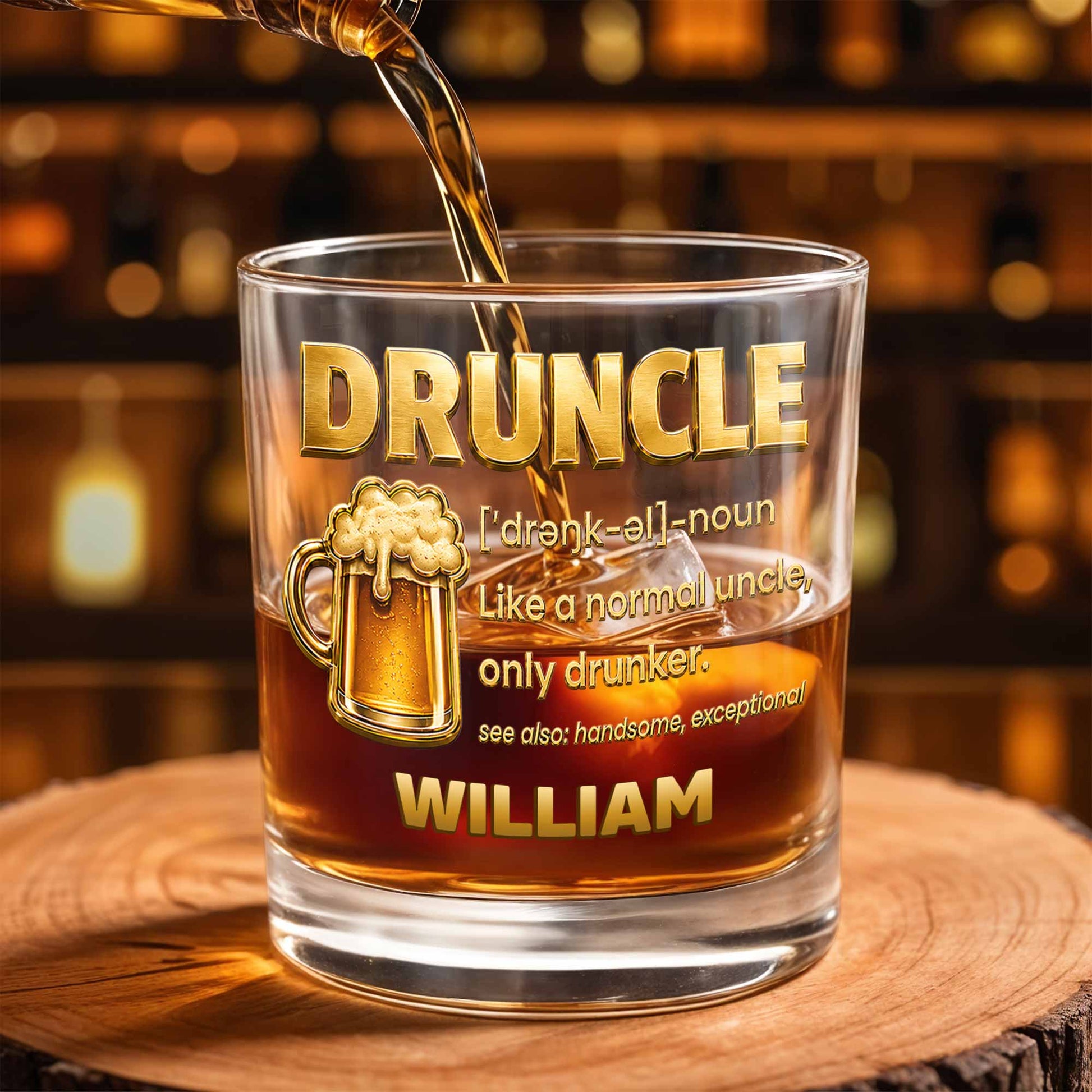 Drunkle Like A Normal Uncle Only Drunker With 3D Golden Beer Mug Design - Personalized Custom Whiskey Glass - UNC011_RWG