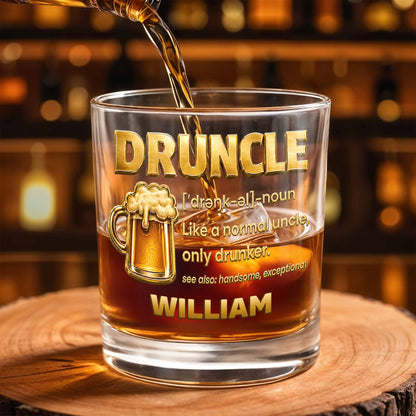 Drunkle Like A Normal Uncle Only Drunker With 3D Golden Beer Mug Design - Personalized Custom Whiskey Glass - UNC011_RWG