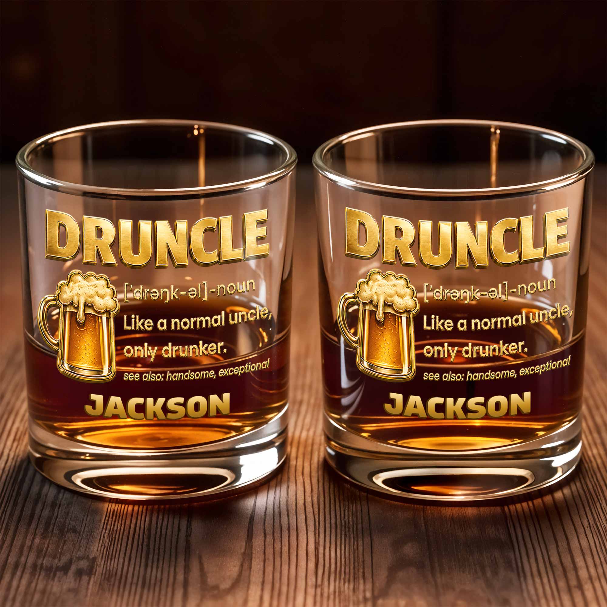Drunkle Like A Normal Uncle Only Drunker With 3D Golden Beer Mug Design - Personalized Custom Whiskey Glass - UNC011_RWG