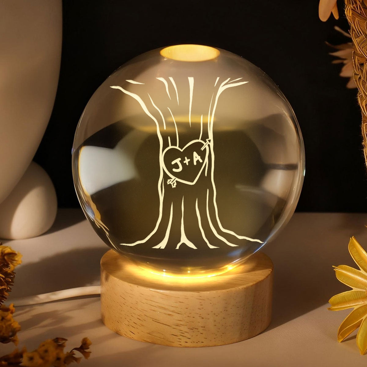 Eternal Love Couple Initial Names Heart Carved Tree - Personalized Crystal Ball LED Night Light