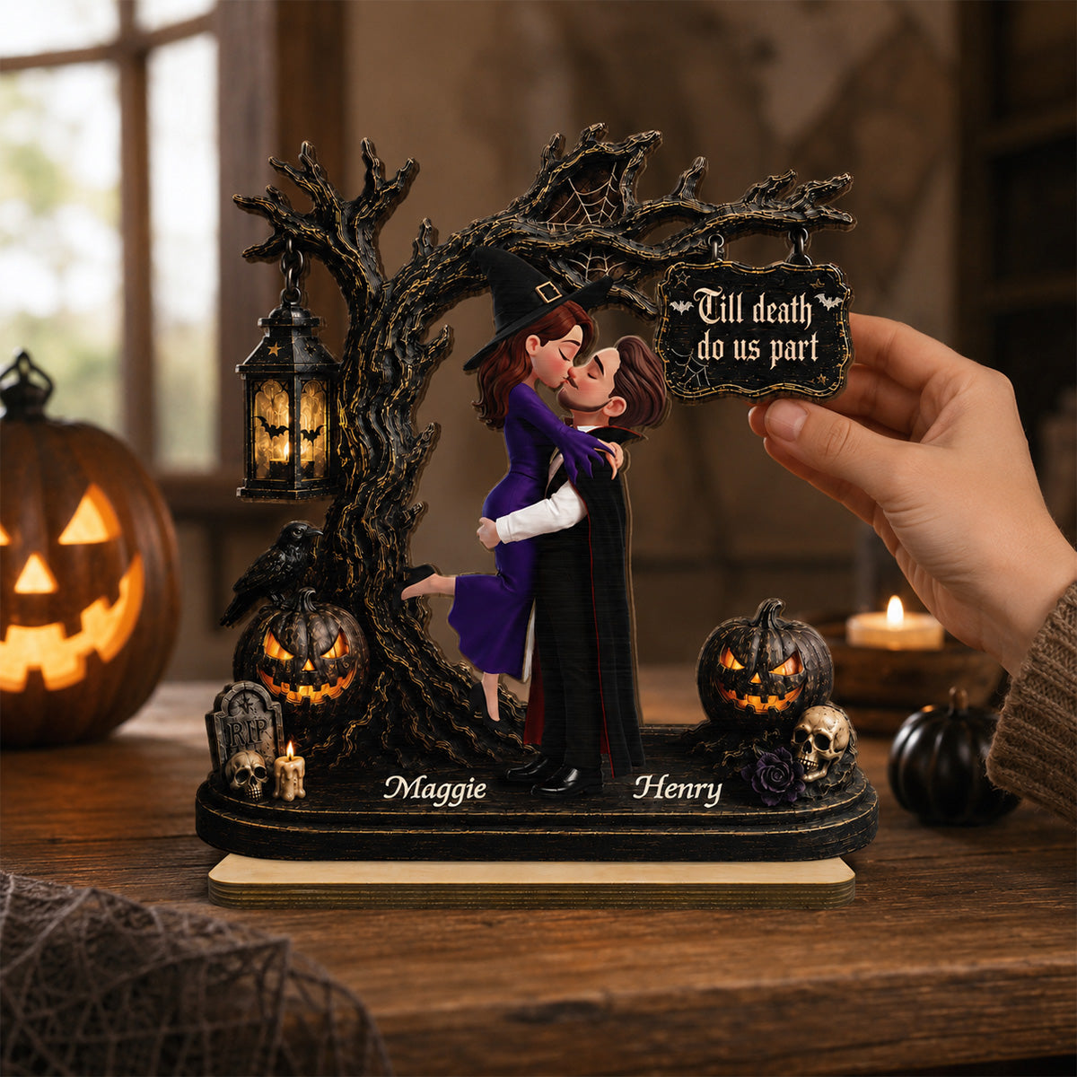 Couple Hugging Under Spooky Halloween Tree 2D Flat - Personalized 2-Layer Wooden Plaque - Tabletop Tier Tray Wicca Pagan Decor