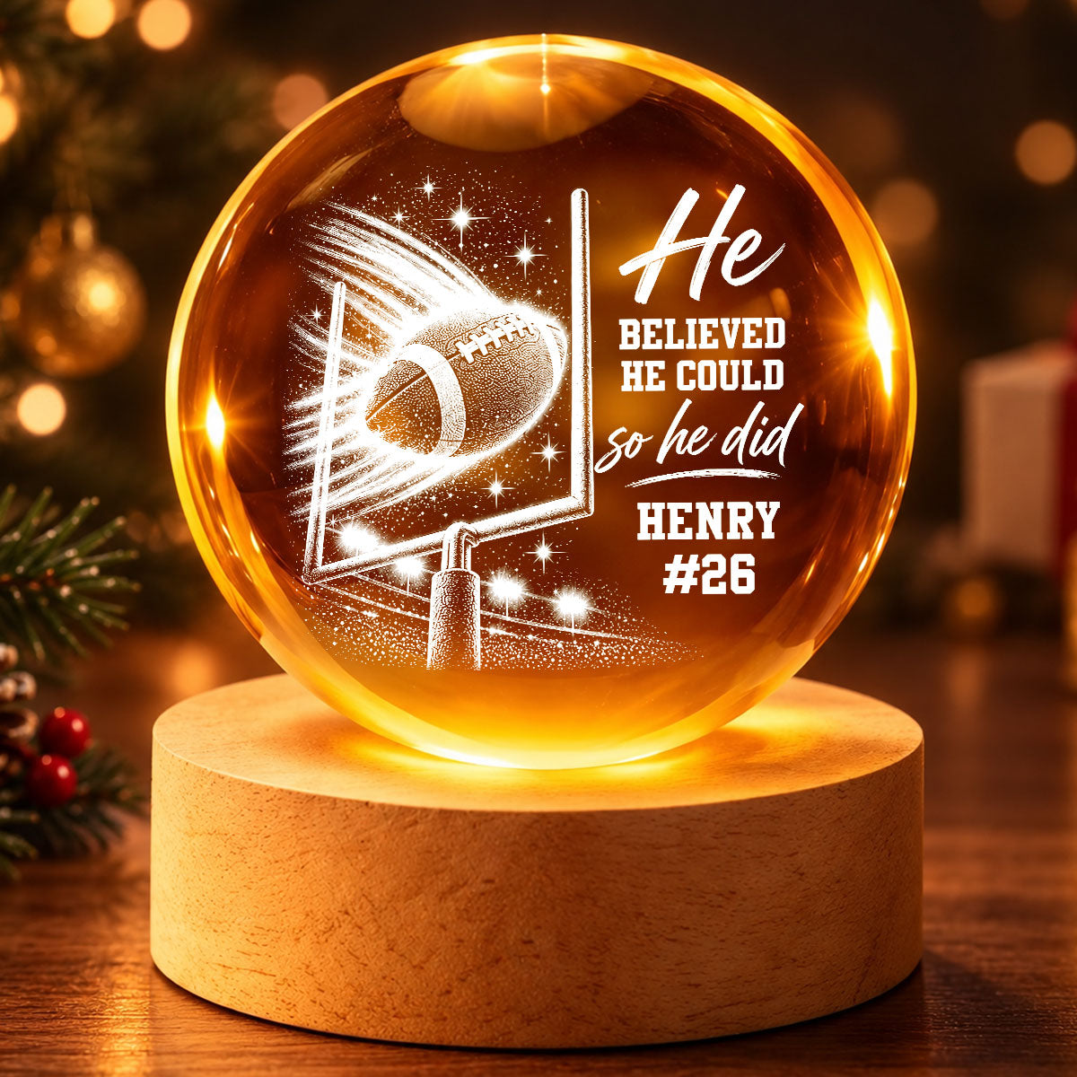 Proud American Football Player Name And Number - Personalized Crystal Ball LED Night Light