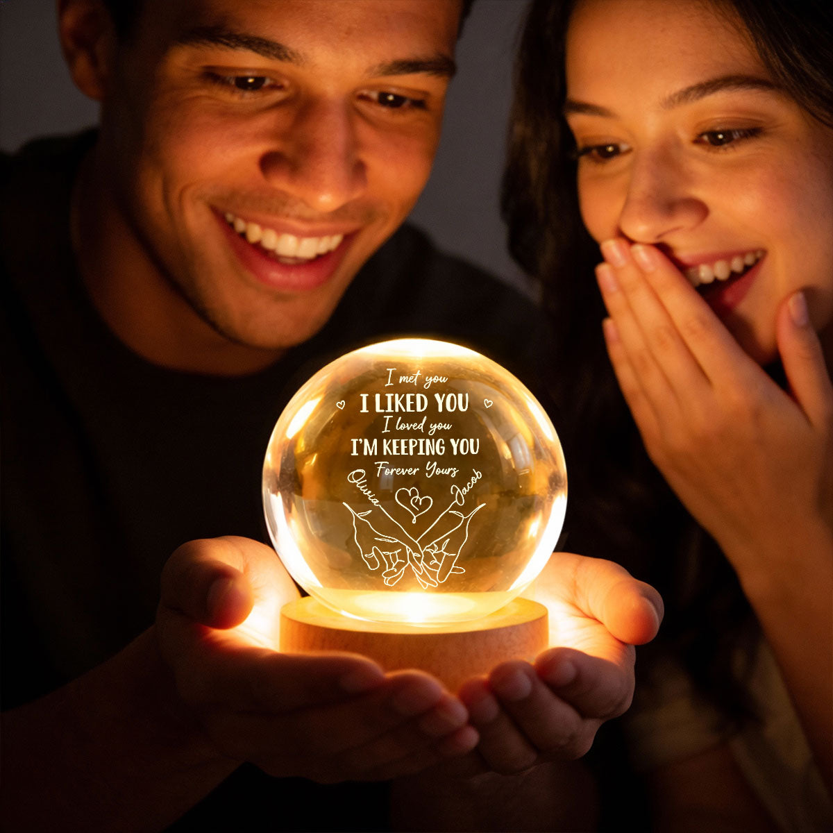 Couple Interlocked Hands I Met You I Loved You - Personalized Crystal Ball LED Night Light