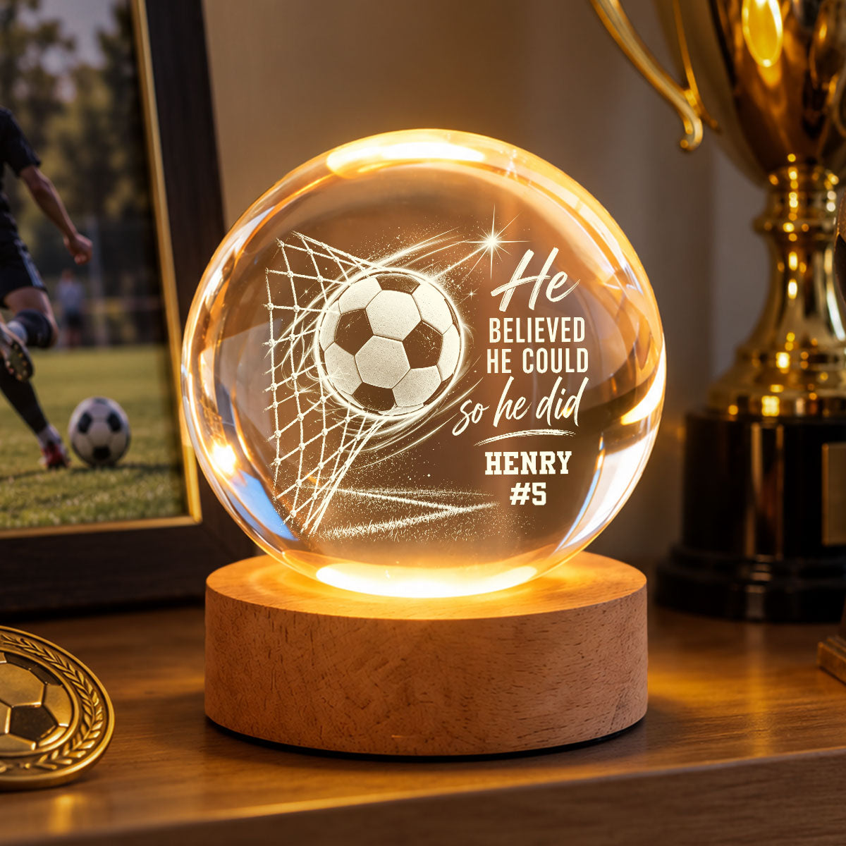 Proud Soccer Player Name And Number - Personalized Crystal Ball LED Night Light