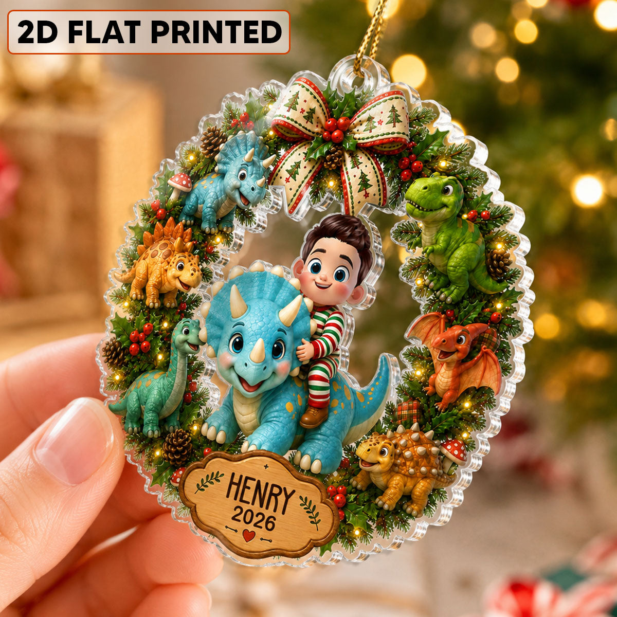 Cute Cartoon Kid With Dinosaur - Personalized Acrylic Ornament