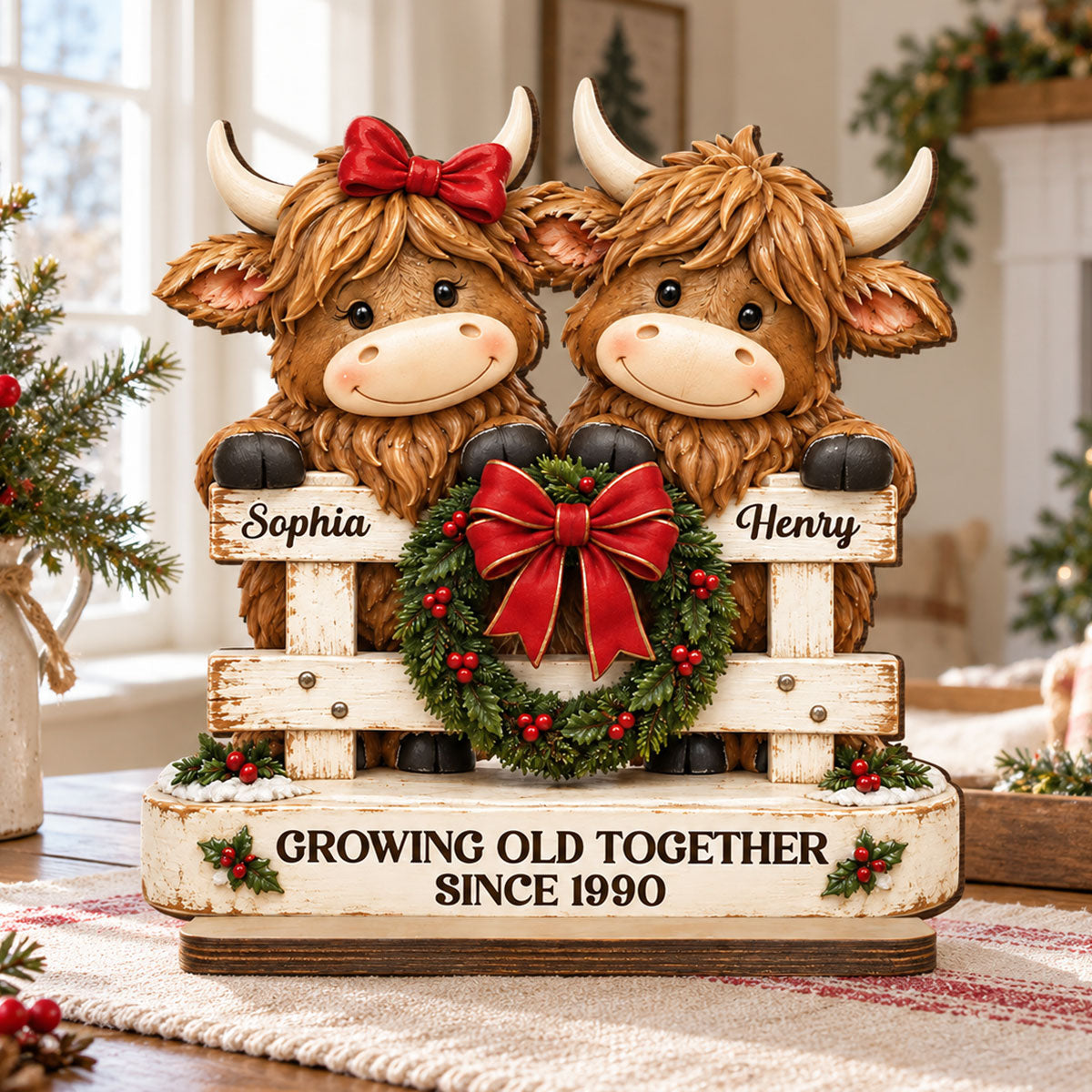Happy Highland Cows Couple Christmas Fence personalized wooden plaque