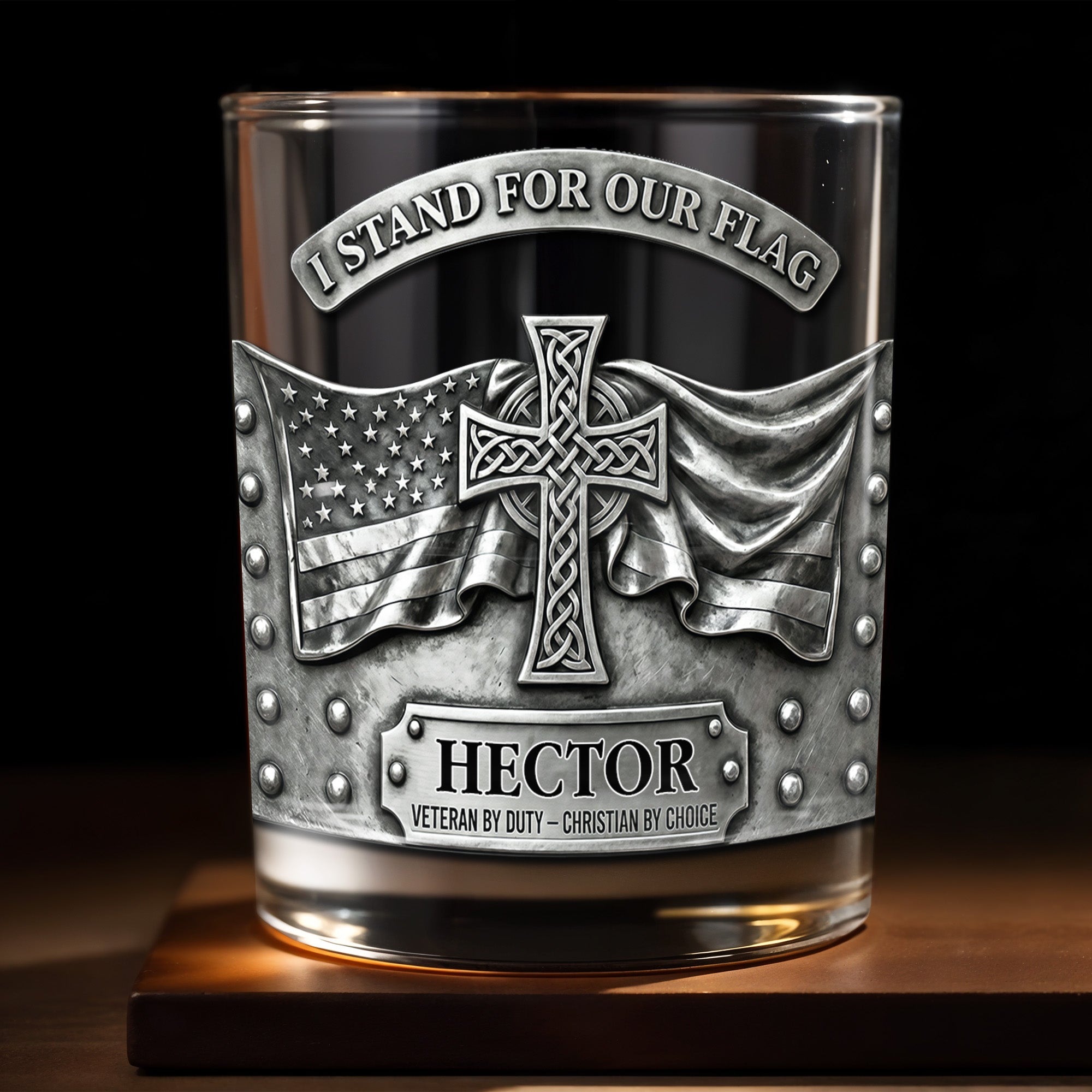 I Stand For Our Flag, Cross And Flag Design - Personalized Custom Whiskey Glass - VTR002_RWG