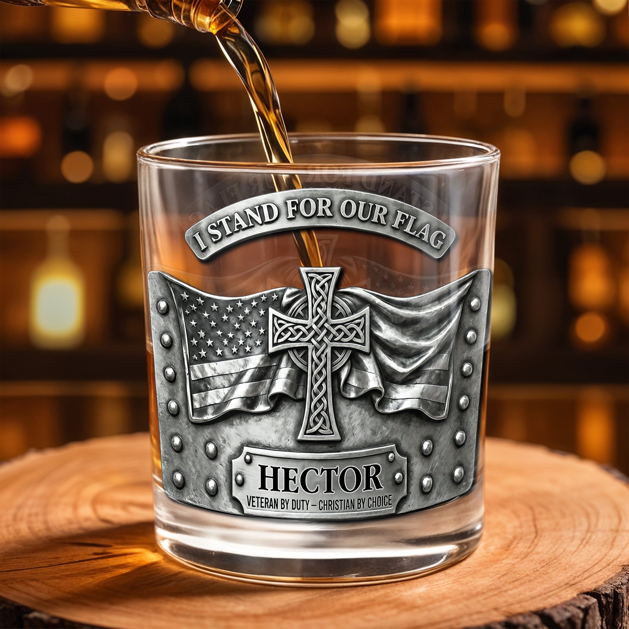 I Stand For Our Flag, Cross And Flag Design - Personalized Custom Whiskey Glass - VTR002_RWG
