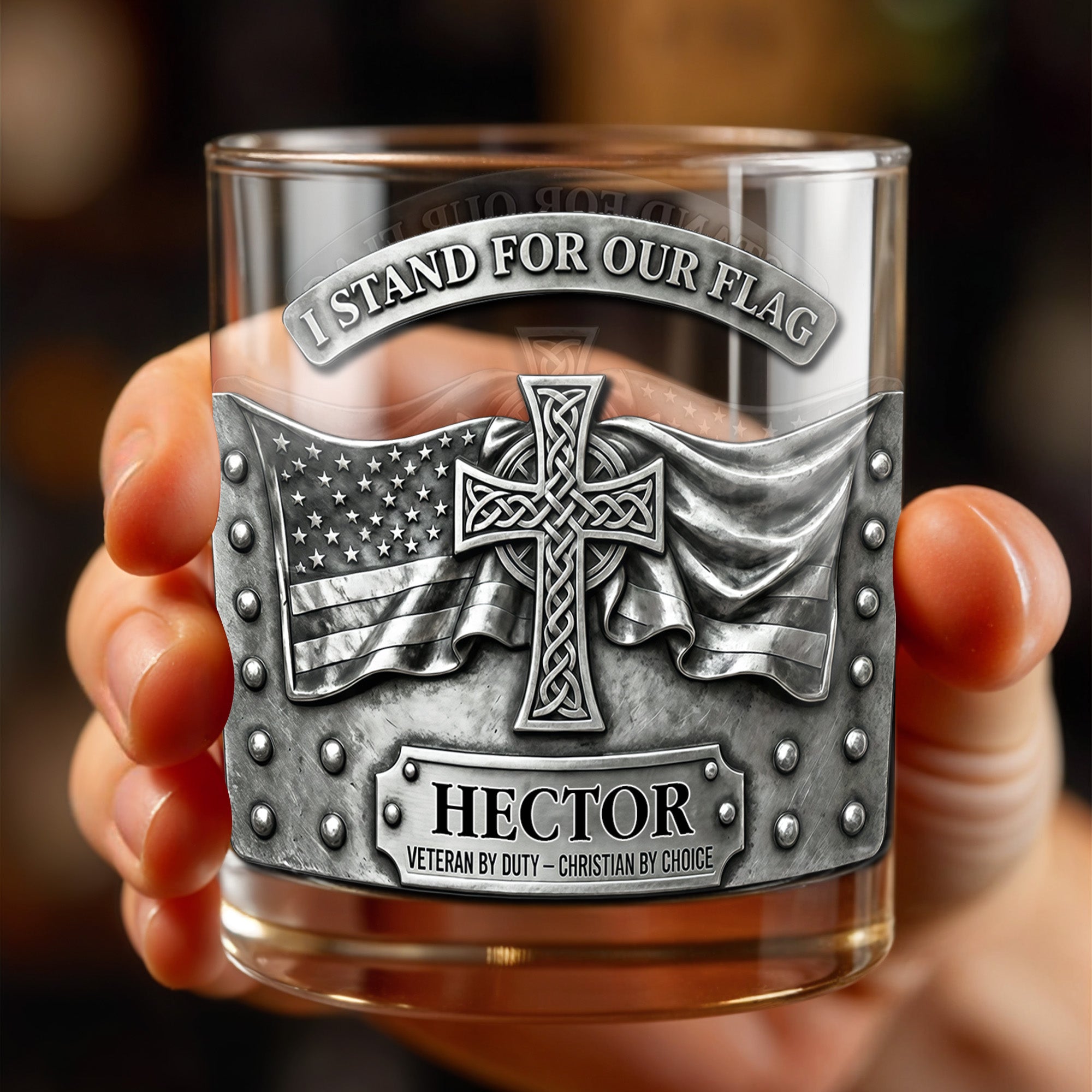 I Stand For Our Flag, Cross And Flag Design - Personalized Custom Whiskey Glass - VTR002_RWG