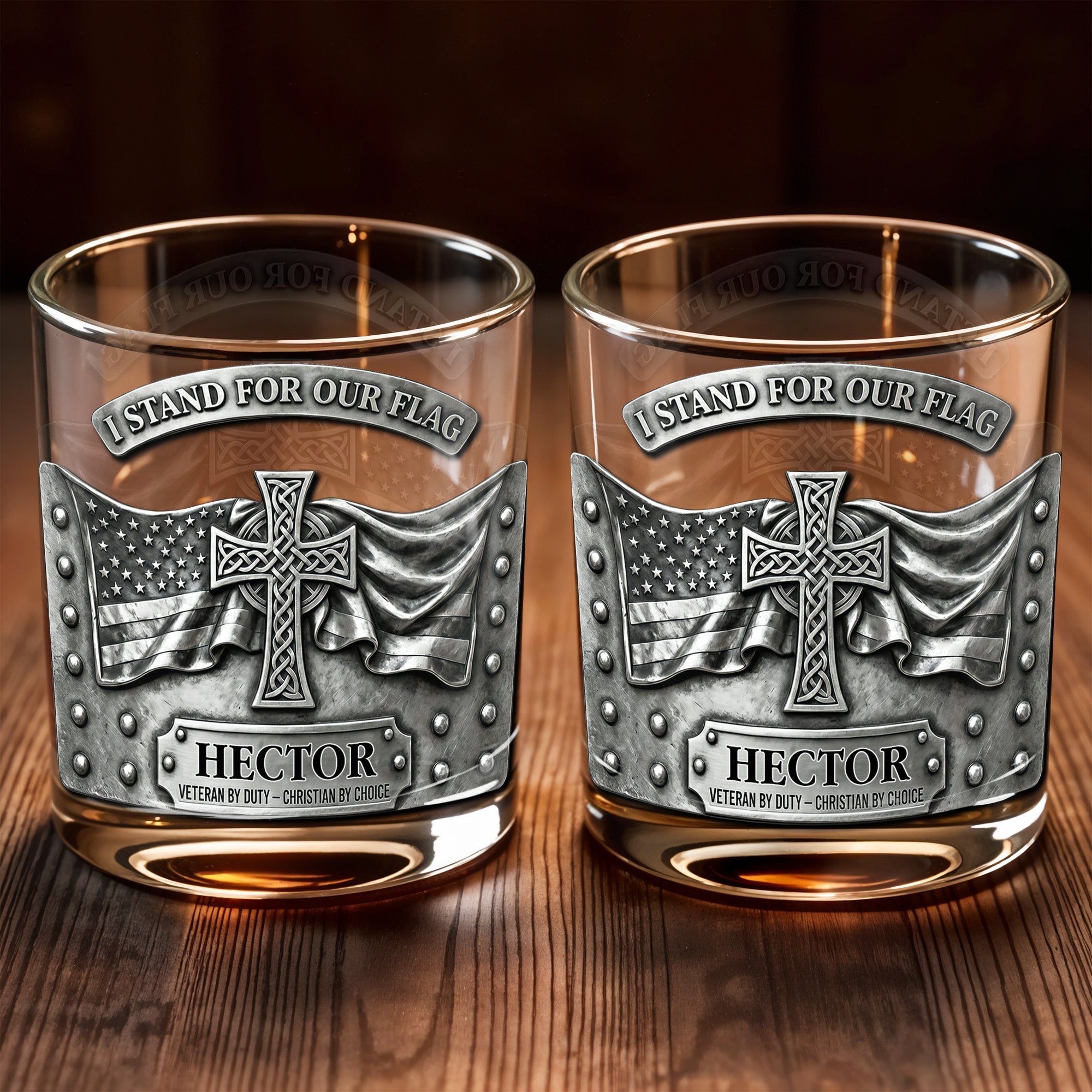 I Stand For Our Flag, Cross And Flag Design - Personalized Custom Whiskey Glass - VTR002_RWG