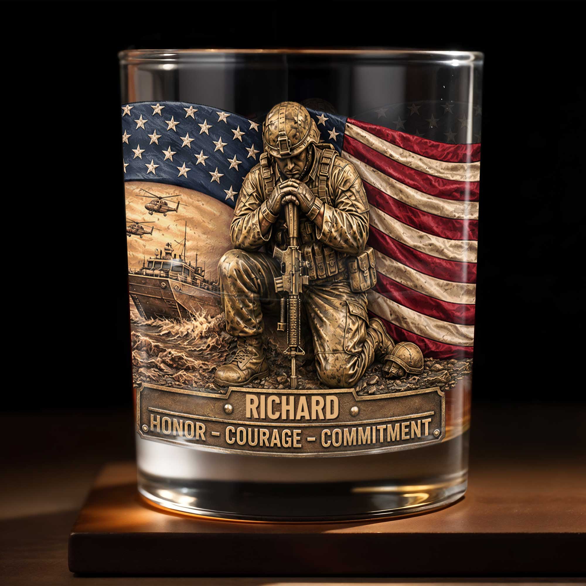 Honor Courage Commitment Metallic Soldier With American Flag - Personalized Custom Whiskey Glass - VTR013_RWG