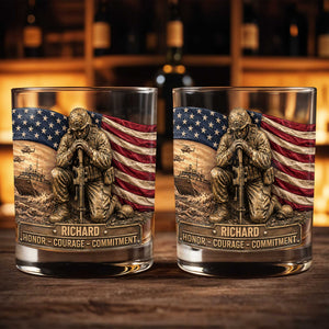 Honor Courage Commitment Metallic Soldier With American Flag - Personalized Custom Whiskey Glass - VTR013_RWG