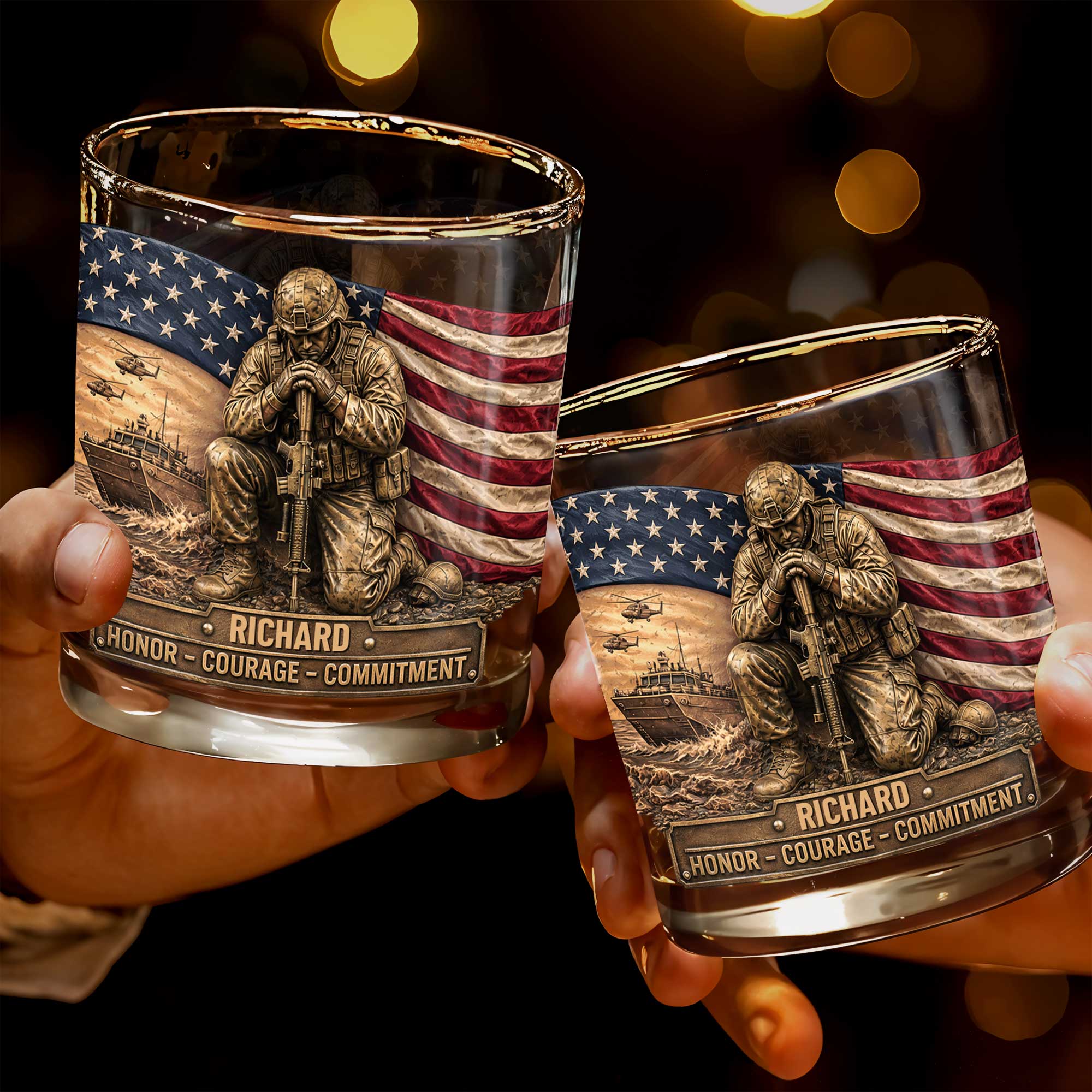 Honor Courage Commitment Metallic Soldier With American Flag - Personalized Custom Whiskey Glass - VTR013_RWG