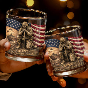 Honor Courage Commitment Metallic Soldier With American Flag - Personalized Custom Whiskey Glass - VTR013_RWG