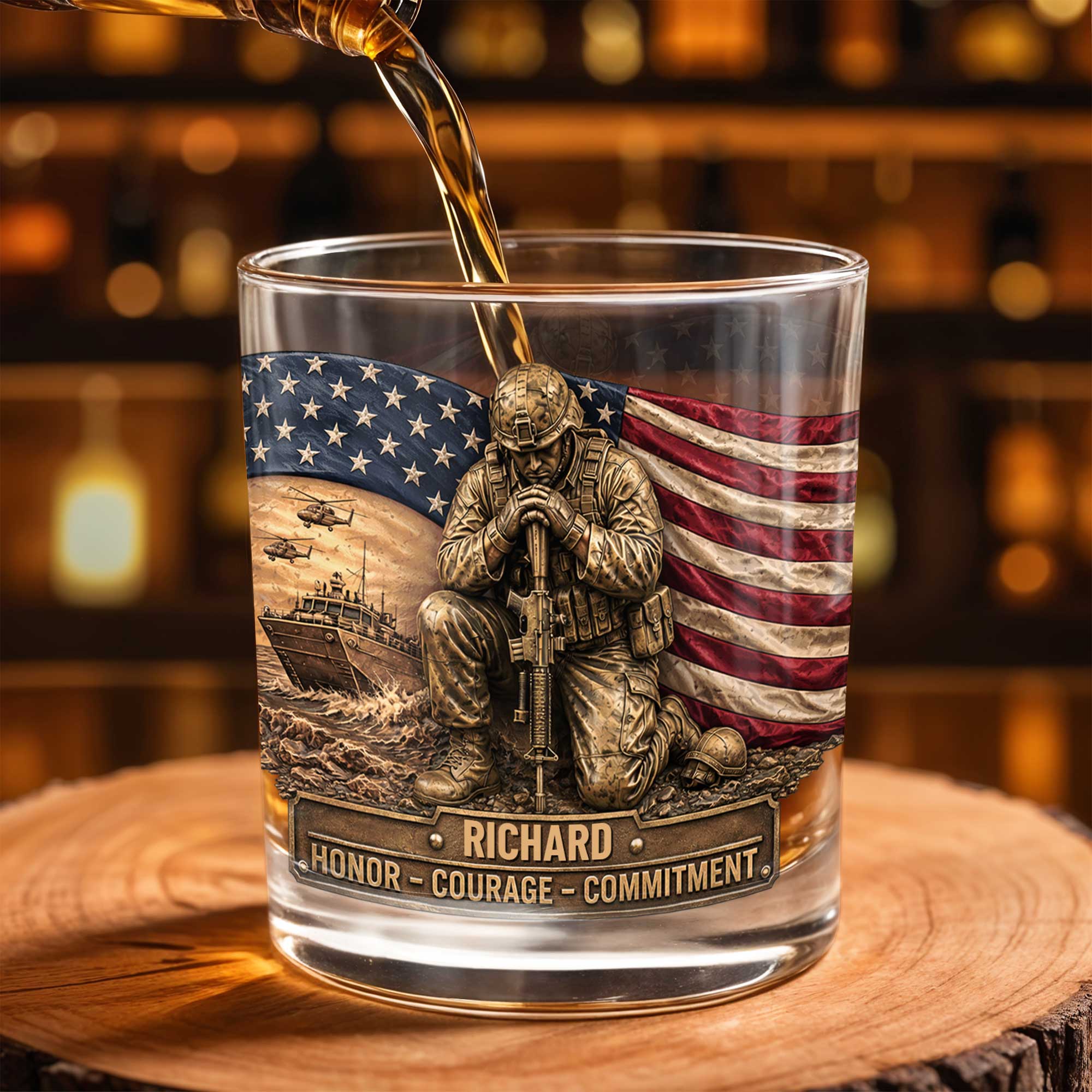 Honor Courage Commitment Metallic Soldier With American Flag - Personalized Custom Whiskey Glass - VTR013_RWG