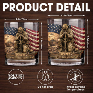 Honor Courage Commitment Metallic Soldier With American Flag - Personalized Custom Whiskey Glass - VTR013_RWG