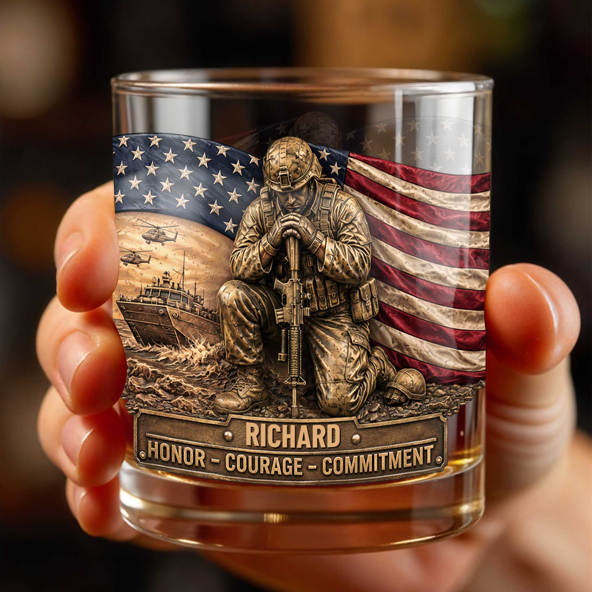 Honor Courage Commitment Metallic Soldier With American Flag - Personalized Custom Whiskey Glass - VTR013_RWG