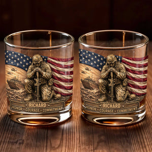 Honor Courage Commitment Metallic Soldier With American Flag - Personalized Custom Whiskey Glass - VTR013_RWG