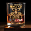 Never Underestimate An Old Man Who Is A Veteran With Golden Army Design - Personalized Custom Whiskey Glass - VTR014_RWG