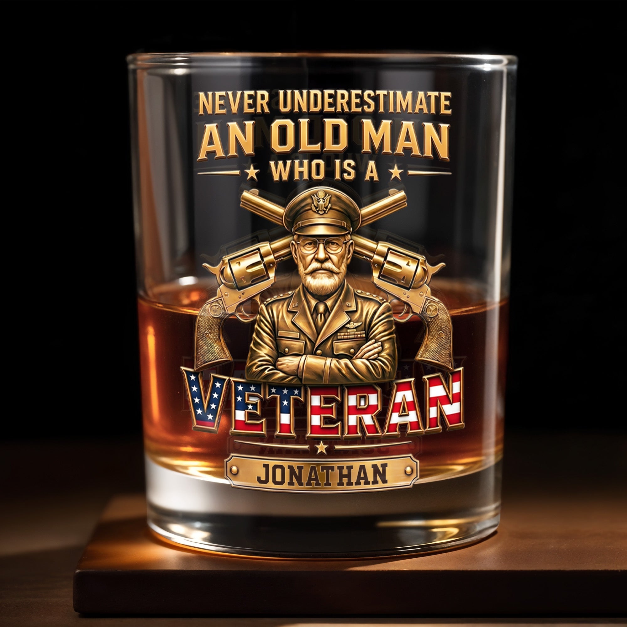 Never Underestimate An Old Man Who Is A Veteran With Golden Army Design - Personalized Custom Whiskey Glass - VTR014_RWG