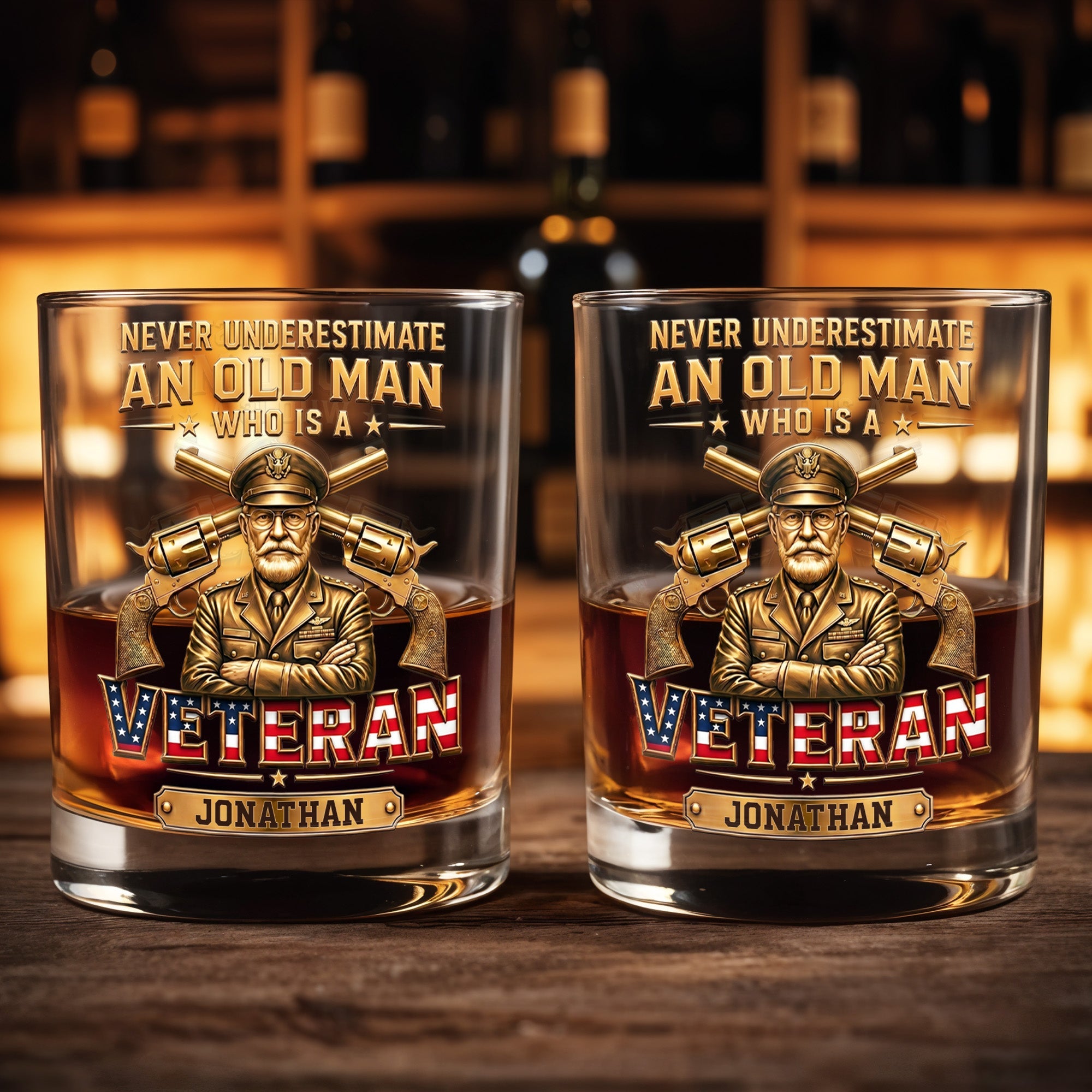 Never Underestimate An Old Man Who Is A Veteran With Golden Army Design - Personalized Custom Whiskey Glass - VTR014_RWG