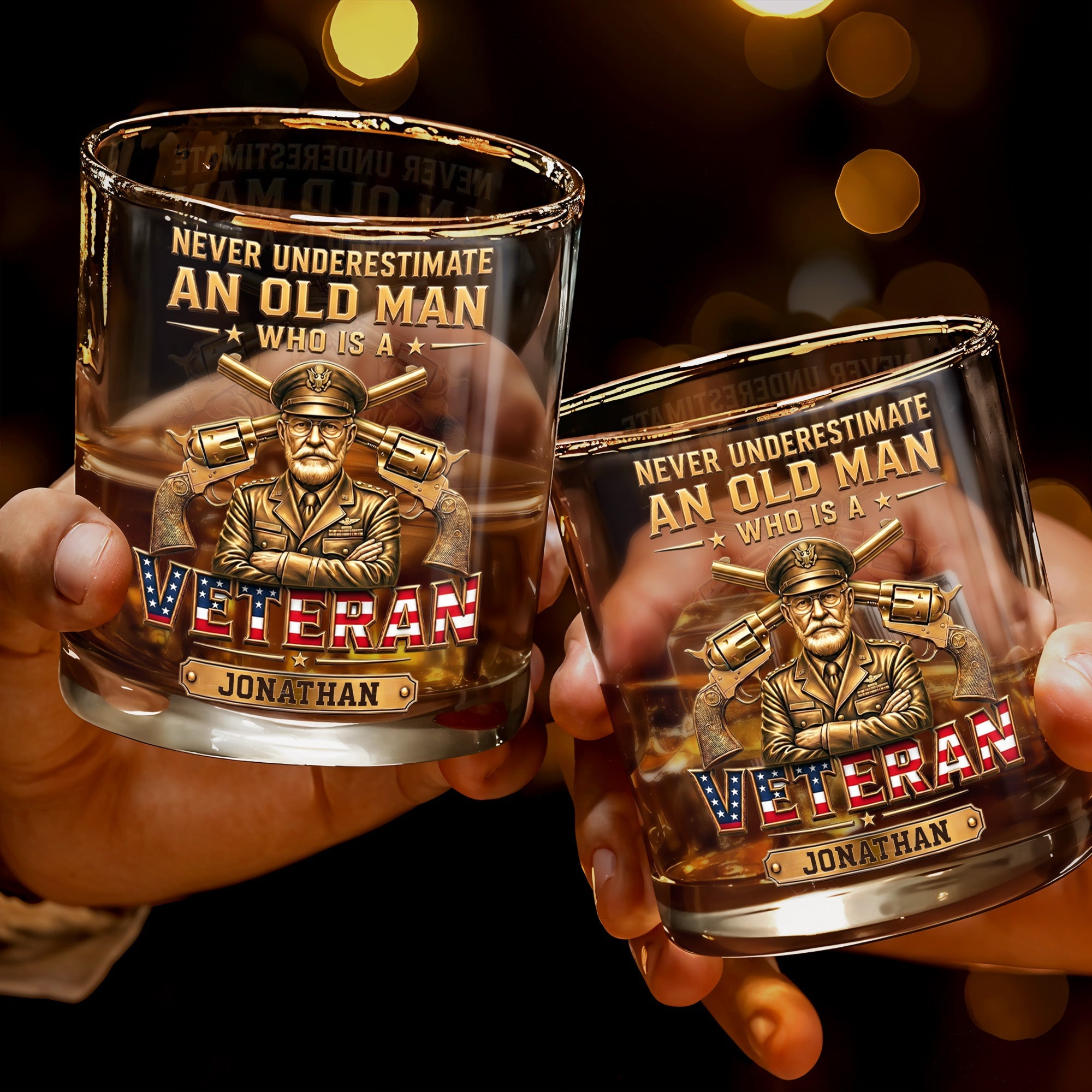 Never Underestimate An Old Man Who Is A Veteran With Golden Army Design - Personalized Custom Whiskey Glass - VTR014_RWG