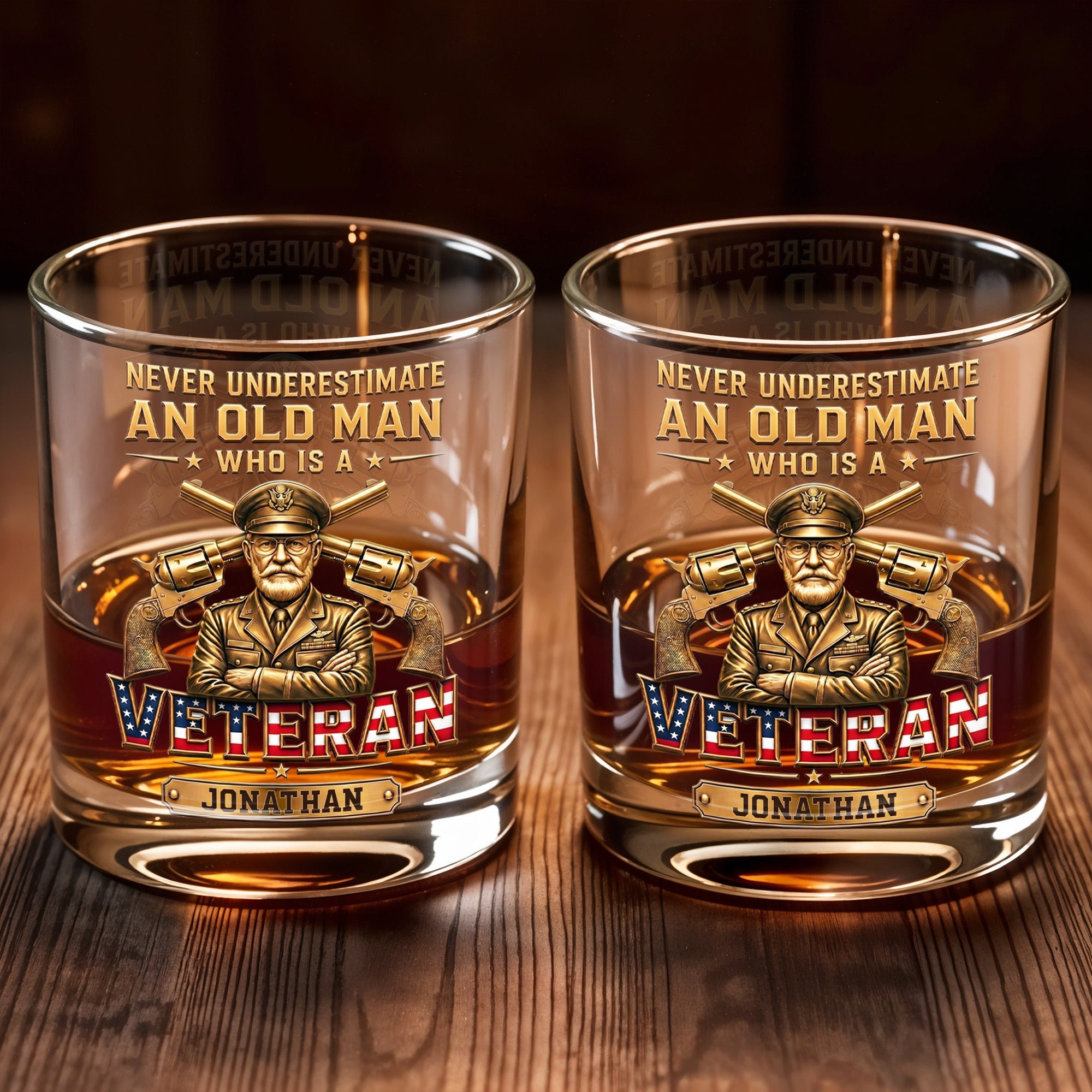 Never Underestimate An Old Man Who Is A Veteran With Golden Army Design - Personalized Custom Whiskey Glass - VTR014_RWG