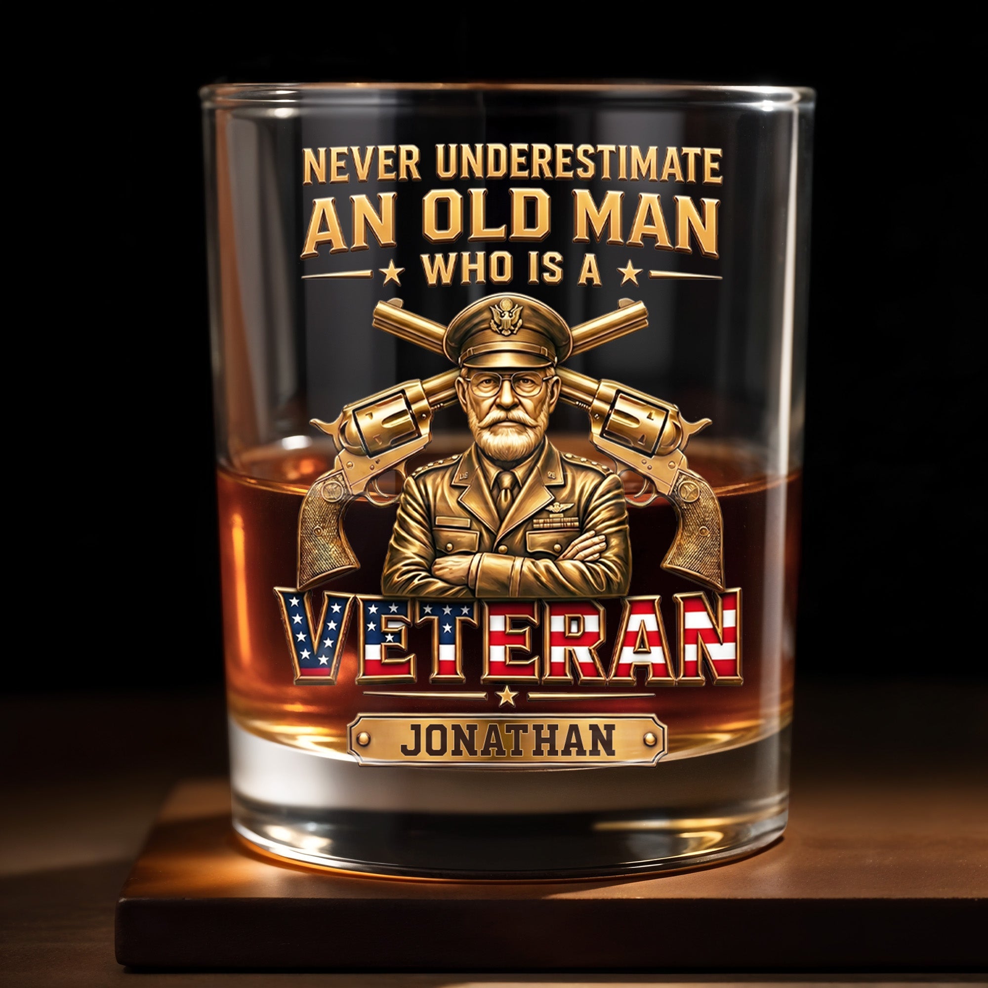 Never Underestimate An Old Man Who Is A Veteran With Golden Army Design - Personalized Custom Whiskey Glass - VTR014_RWG
