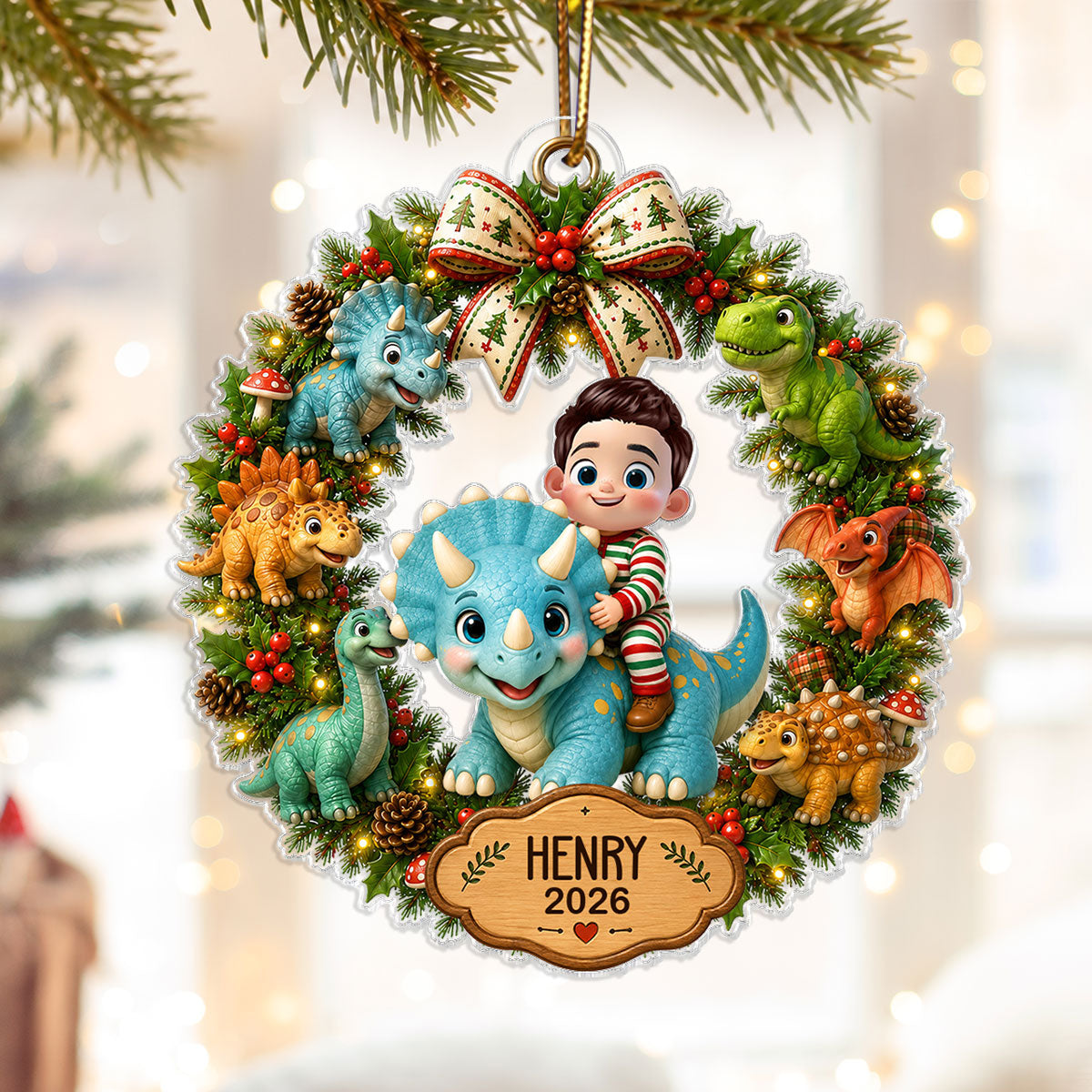 Cute Cartoon Kid With Dinosaur - Personalized Acrylic Ornament
