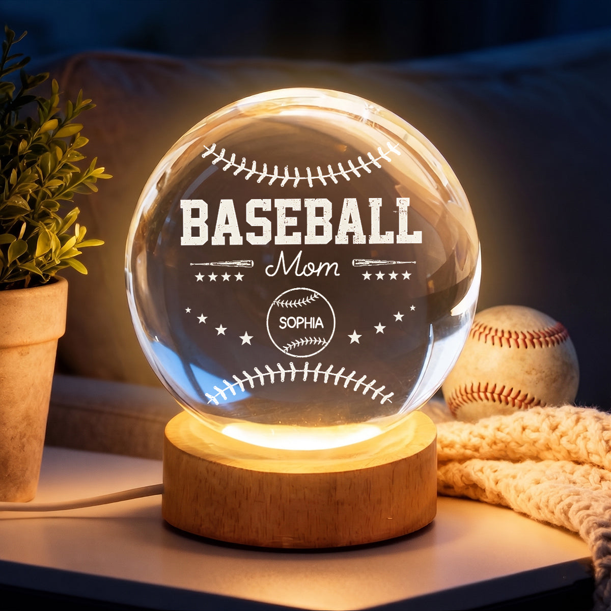 Baseball Mom And Kids Together - Personalized Crystal Ball LED Night Light
