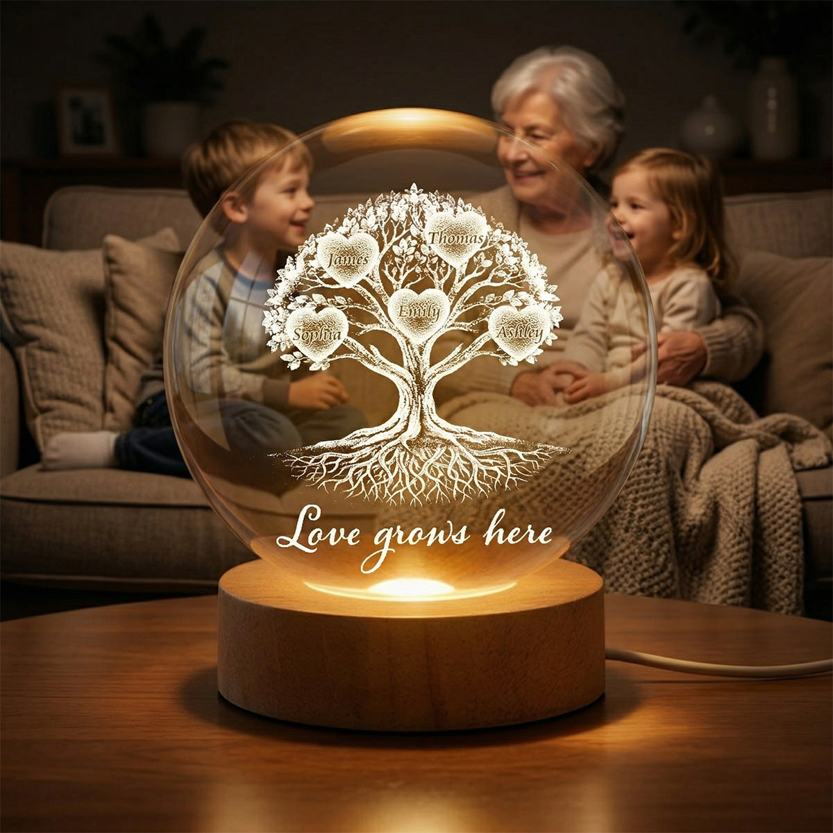 Grandkids Heart Tree Of Life - Personalized Crystal Ball LED Night Light