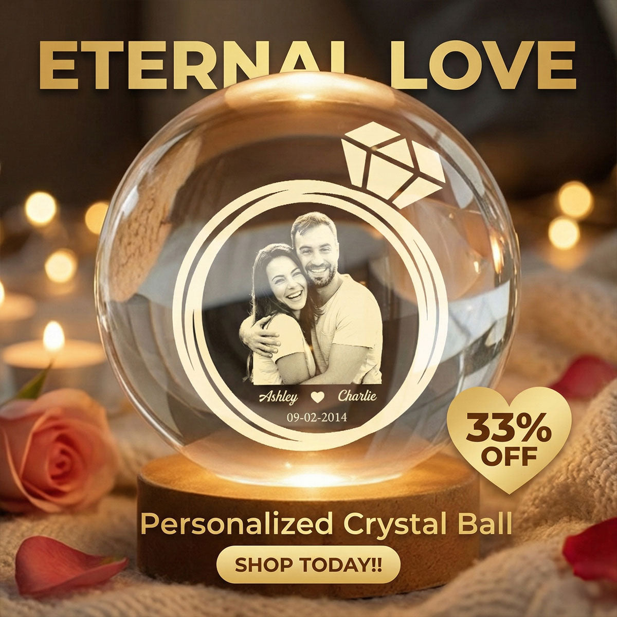 Eternal Love Custom Couple Photo Inside Ring - Personalized Crystal Ball LED Night Light