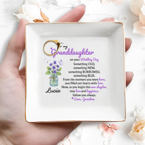 To My Granddaughter On Your Wedding Day, Flowers And Butterflies - Personalized Custom Jewelry Dish, Square Ceramic Dish - WEDD003_SCRD