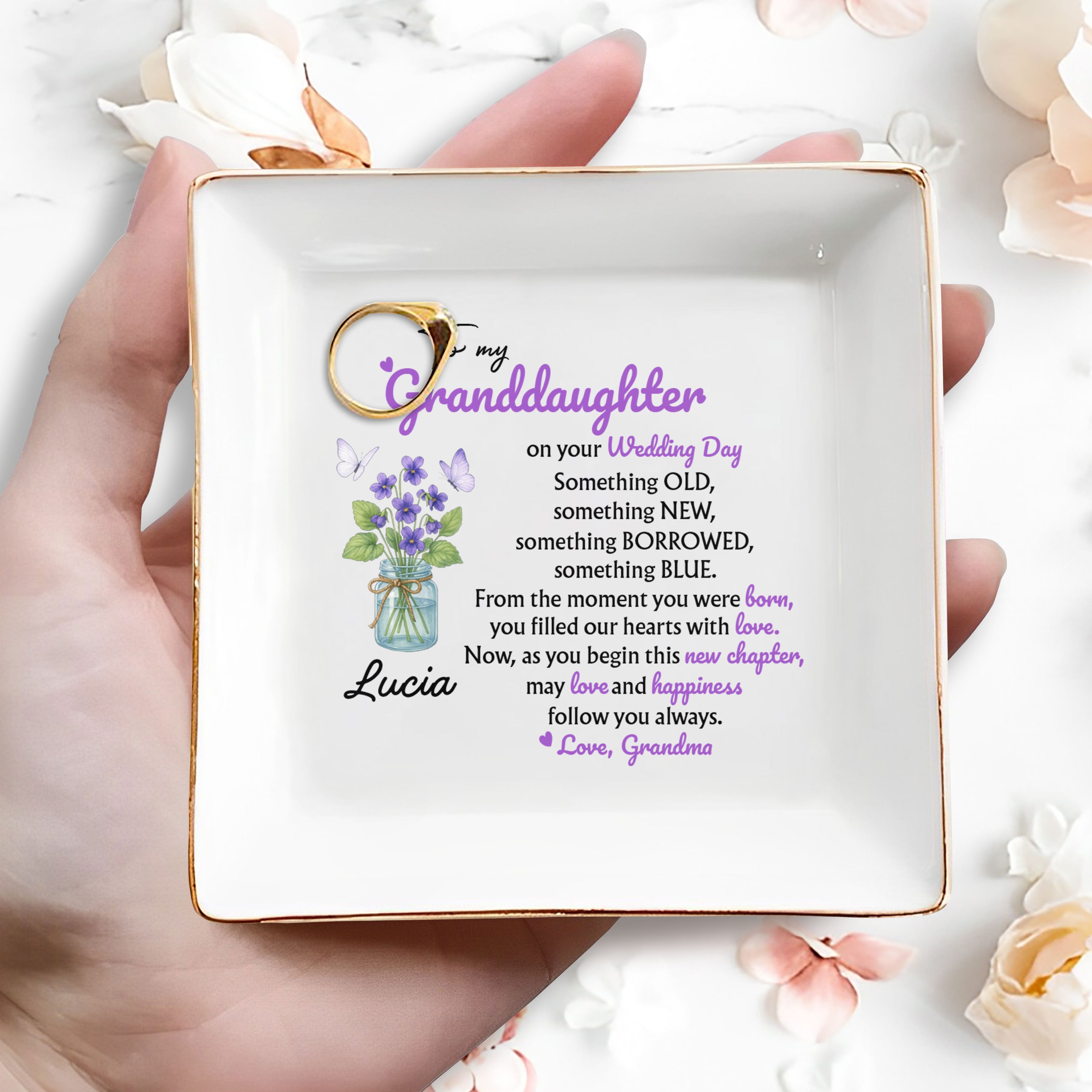 To My Granddaughter On Your Wedding Day, Flowers And Butterflies - Personalized Custom Jewelry Dish, Square Ceramic Dish - WEDD003_SCRD