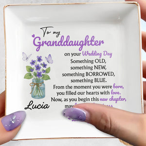 To My Granddaughter On Your Wedding Day, Flowers And Butterflies - Personalized Custom Jewelry Dish, Square Ceramic Dish - WEDD003_SCRD