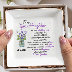 To My Granddaughter On Your Wedding Day, Flowers And Butterflies - Personalized Custom Jewelry Dish, Square Ceramic Dish - WEDD003_SCRD