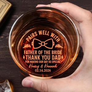 Pairs Well With Father Of The Bride, Bow Tie Design - Personalized Engraved Whiskey Glass - WEDD015_EWG