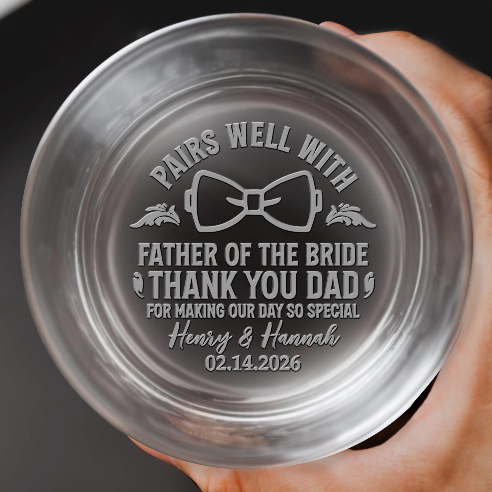 Pairs Well With Father Of The Bride, Bow Tie Design - Personalized Engraved Whiskey Glass - WEDD015_EWG