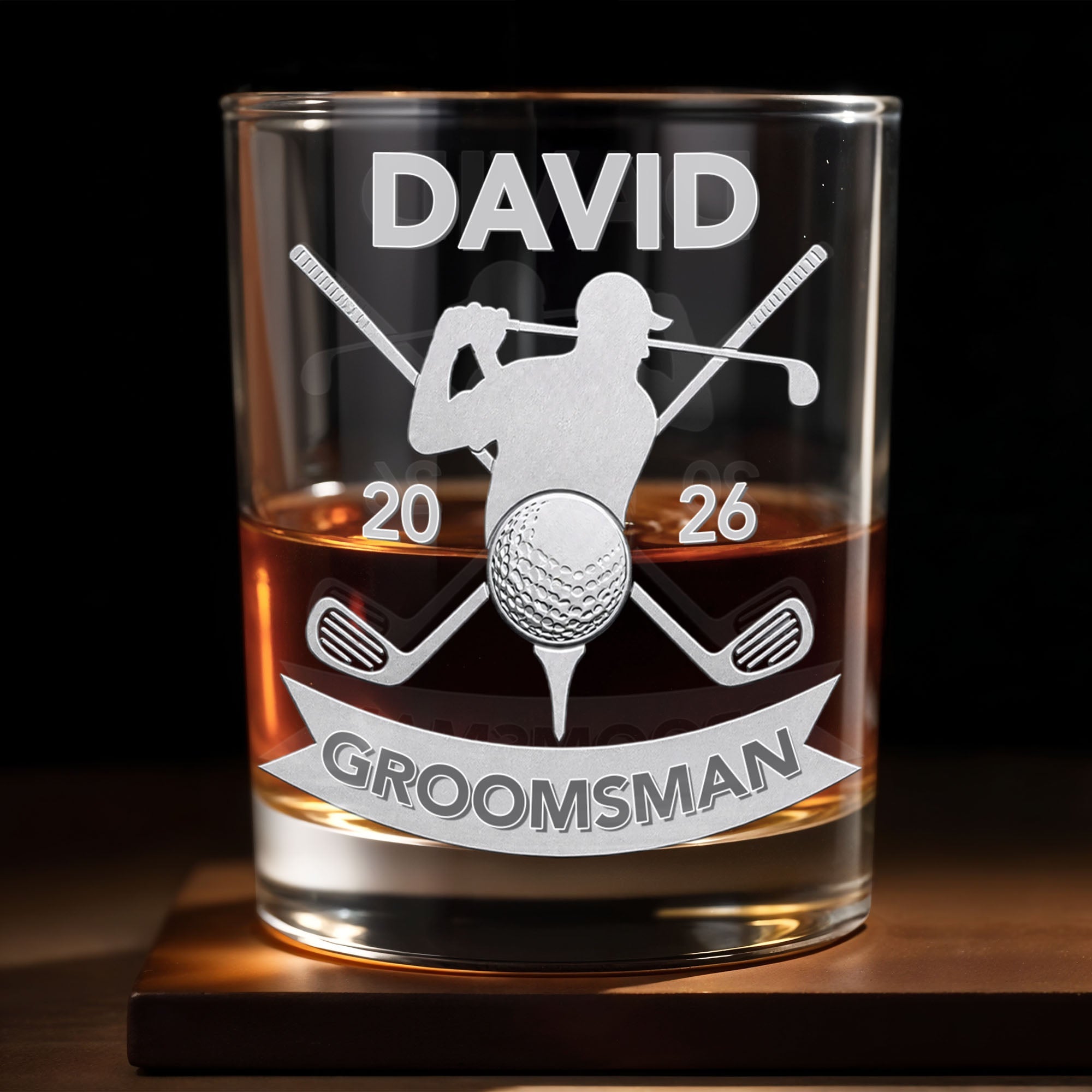 Groomsman Personalized Golf Clubs And Golfer Silhouette - Personalized Custom Whiskey Glass - WEDD022_RWG