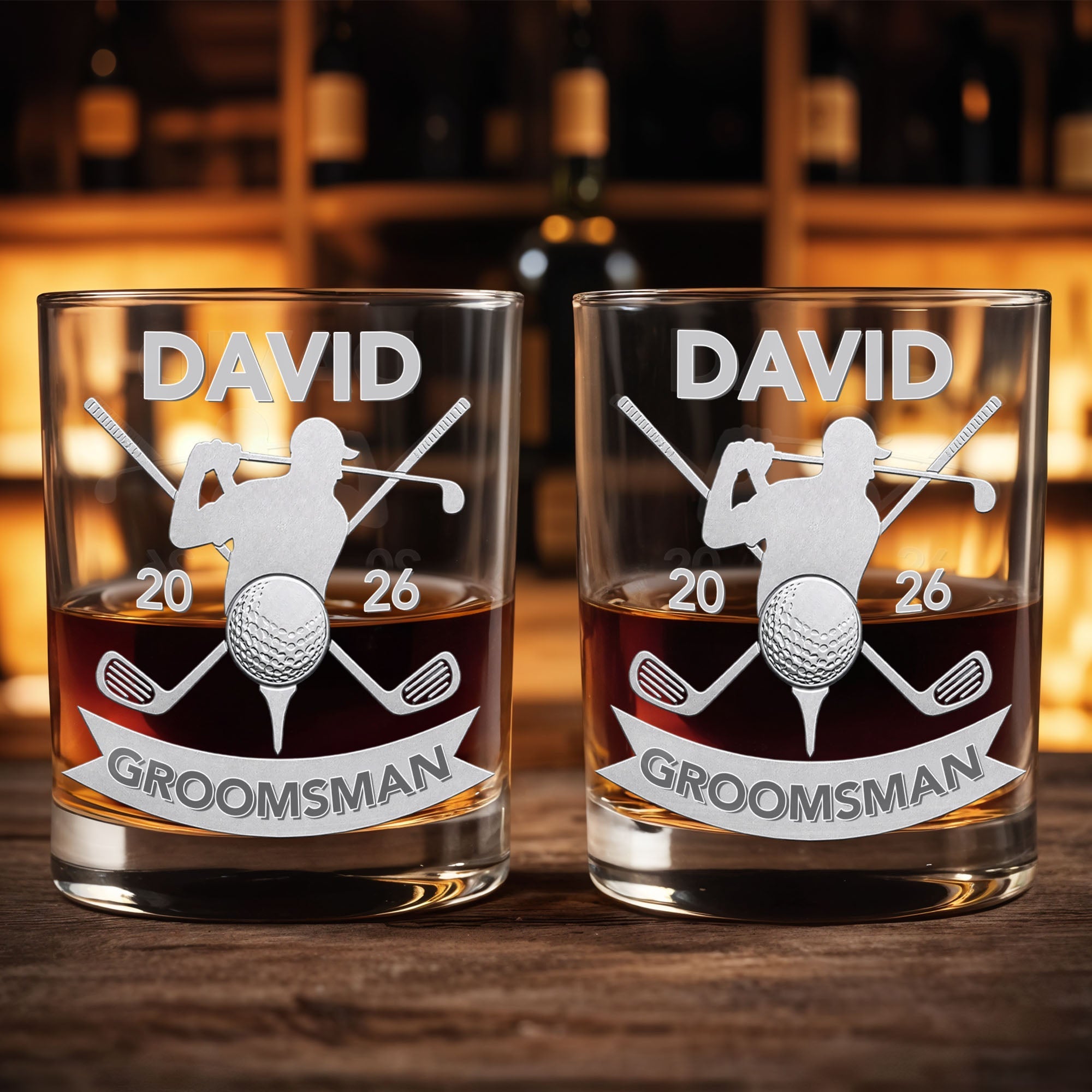 Groomsman Personalized Golf Clubs And Golfer Silhouette - Personalized Custom Whiskey Glass - WEDD022_RWG
